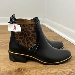 Kate Spade Leopard Print Rain Boots Women 8 Black Chelsea Rubber Gold Accent NEW
